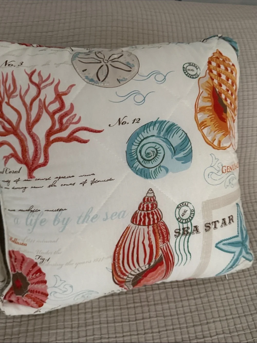 Coastal Shell Print Decorative Throw Pillows (2) Cream with Teal & Coral Accents